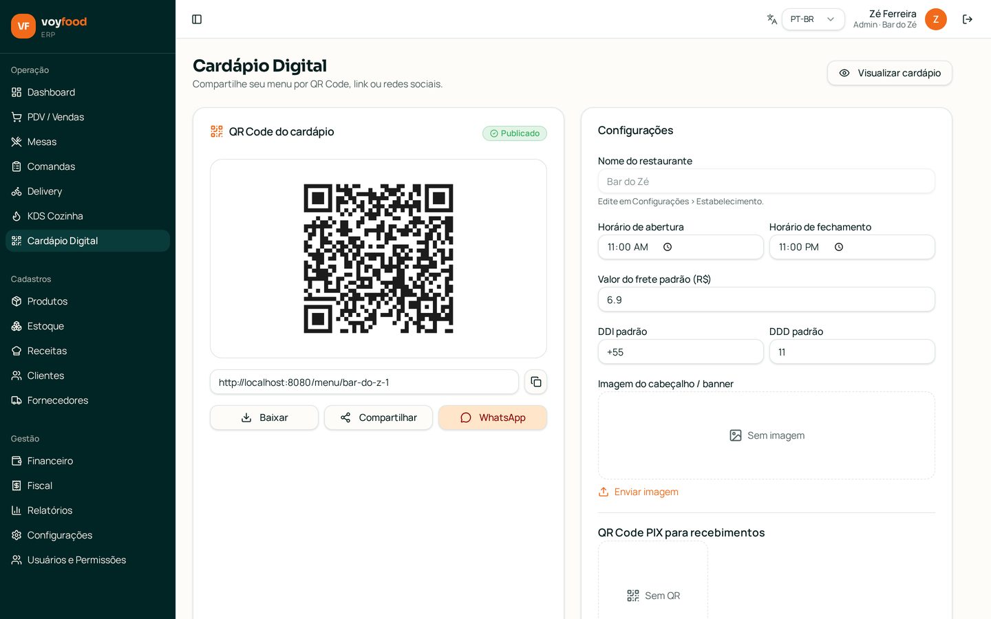Cardápio digital — Tela real da conta de demonstração Bar do Zé