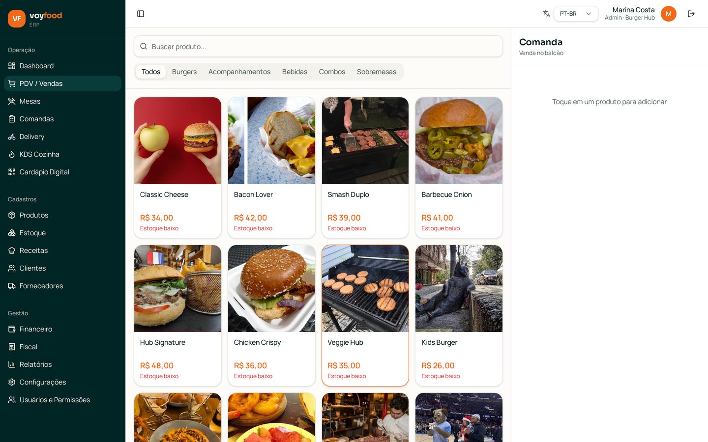 PDV completo — Tela real da conta de demonstração Burger Hub