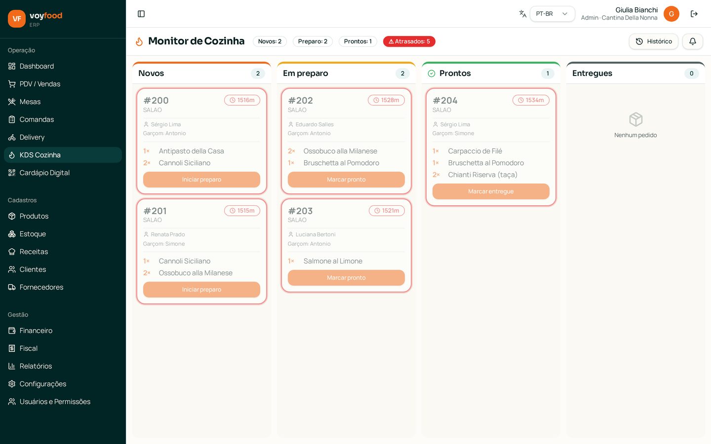 KDS de cozinha — Tela real da conta de demonstração Cantina Della Nonna