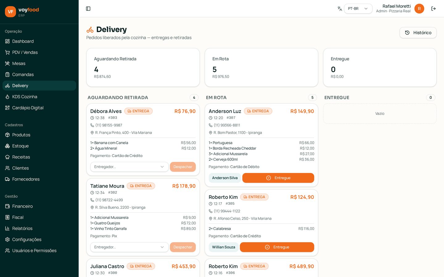 Delivery integrado — Tela real da conta de demonstração Pizzaria Real